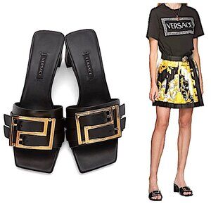 Versace Greta Gold Buckle Empire Heeled Sandals